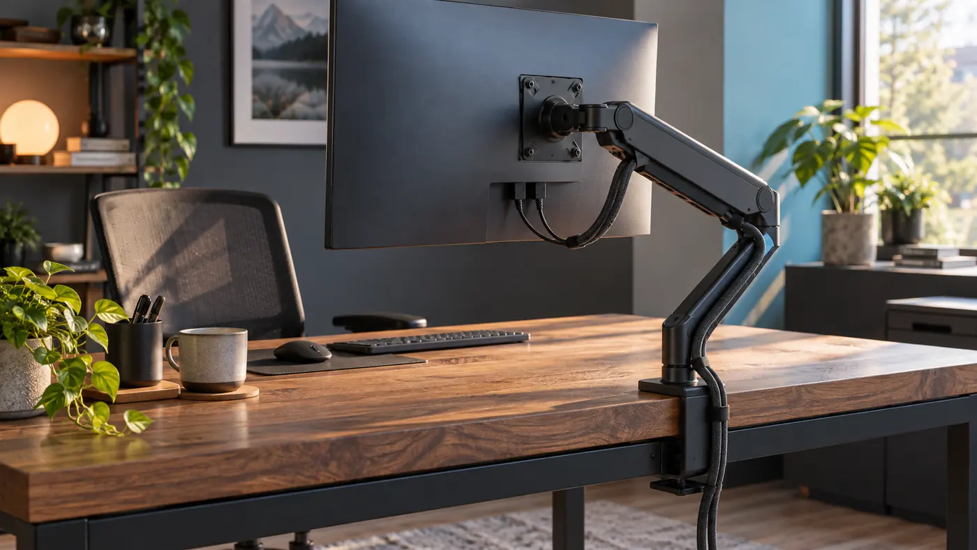 Rear three-quarter view of a supported monitor arm with cables entering a removable sleeve and leaving relaxed loops at display and base