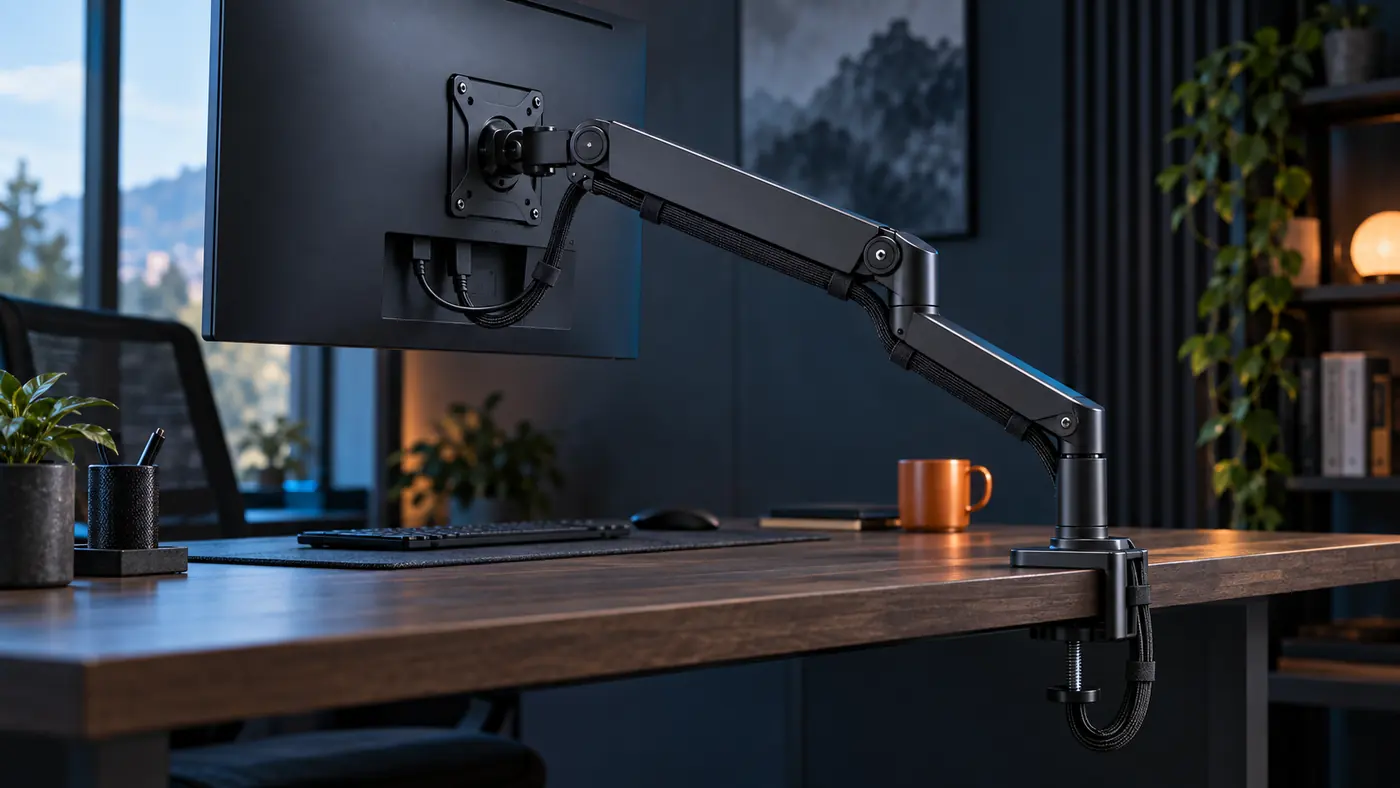 Side profile of a level monitor on a clamped articulated arm with sleeves ending before pivots and controlled service loops