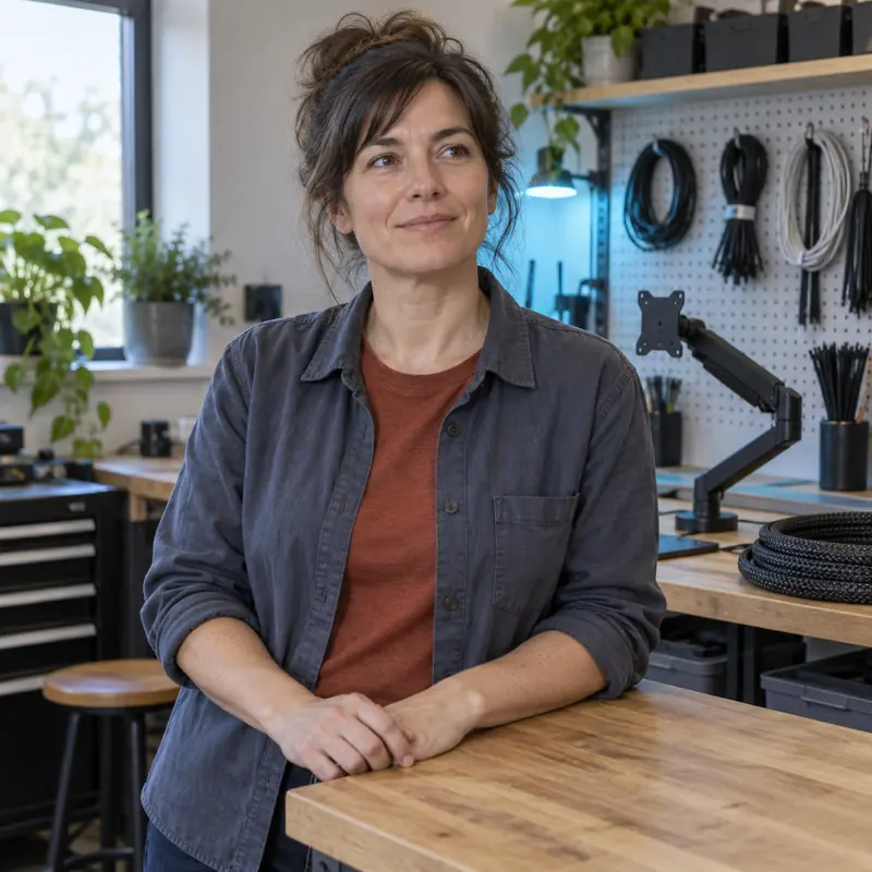 Fictional editor Nora Venn in a cable-routing workroom with an unloaded monitor arm behind her