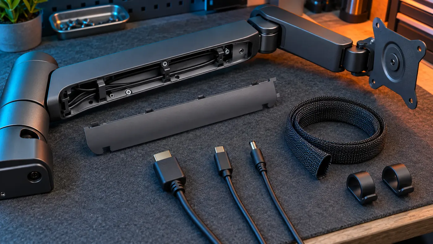 Unloaded monitor arm on a padded bench beside intact connector heads, an open channel cover and a braided cable sleeve